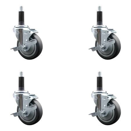 Service Caster 4'' Thermoplastic Rubber Swivel 1'' Expanding Stem Caster Set with Brake, 4PK SCC-EX20S414-TPRB-TLB-1-4